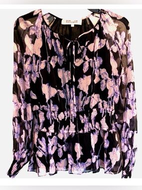 Diane von Furstenberg Silk Blouse Womens XS Purple Floral Smocked Waist Boho